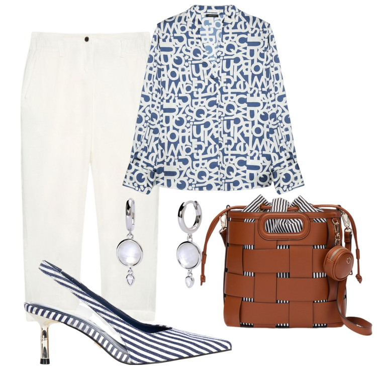 Outfit donna - Un interessante contrasto. Stile Casual chic per Ufficio. Abbinamento con orecchini, décolleté, pantaloni, bluse, borse a secchiello.