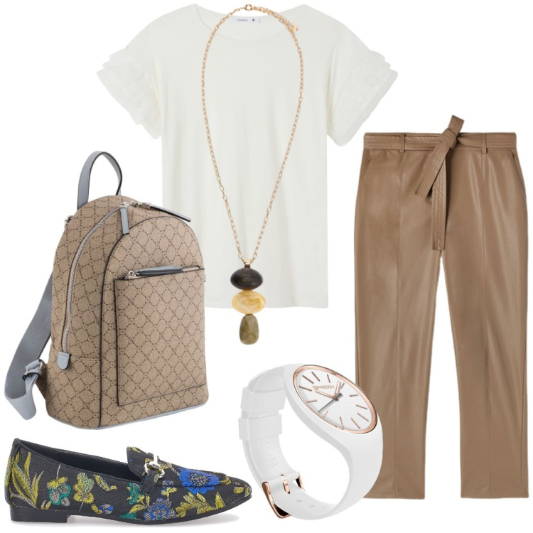 Outfit donna - A lavoro. Stile Casual chic per Ufficio. Abbinamento con t-shirt, orologi, mocassini, pantaloni, zaini, collane.