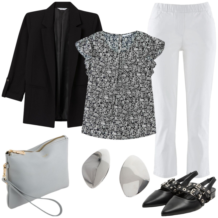 Outfit donna - Città. Stile Casual per Tutti i giorni. Abbinamento con pantaloni, bluse, sabot, blazer, orecchini, pochette.
