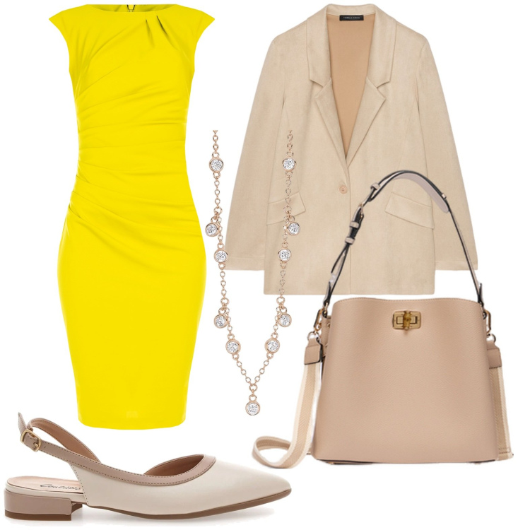 Outfit donna - Ballerine in primavera. Stile Chic per Ufficio. Abbinamento con collane, vestiti a tubino, ballerine, blazer, borse a secchiello.