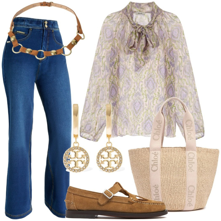 Outfit donna - Boho chic. Stile Boho per Tutti i giorni. Abbinamento con cinture, bluse, jeans, orecchini, shopping bag, mocassini.