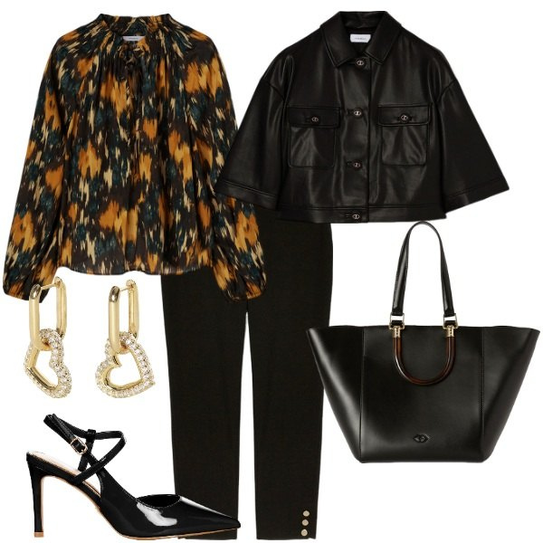 Outfit donna - Pizza tra amici. Stile Casual chic per Serata fuori. Abbinamento con orecchini, décolleté, pantaloni chino, shopping bag, bluse, blazer.