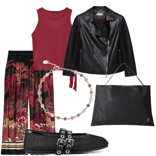 Outfit donna - A spasso per la città. Stile Trendy per Tutti i giorni. Abbinamento con braccialetti, borse a spalla, pantaloni, ballerine, blazer, top.