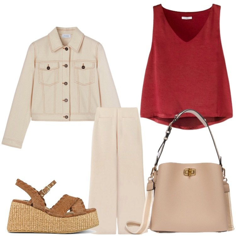 Outfit donna - Voglia di sandali. Stile Casual chic per Ufficio. Abbinamento con zeppe, top, borse a secchiello, pantaloni a palazzo, blazer.