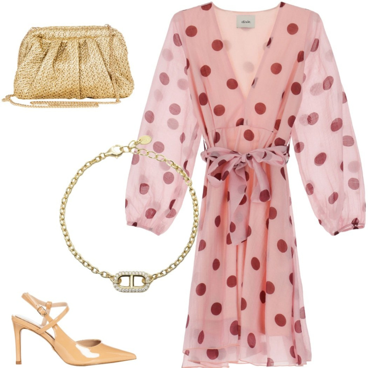 Outfit donna - Rosa pastello. Stile Chic per Cerimonia. Abbinamento con braccialetti, décolleté, clutch, vestiti corti.