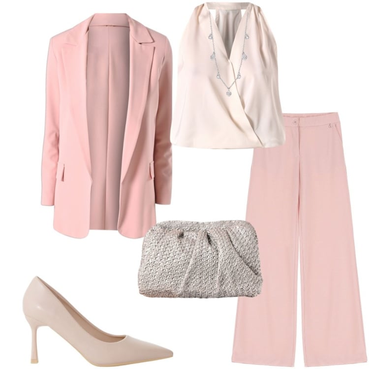 Outfit donna - Rosa pastello. Stile Chic per Cerimonia. Abbinamento con collane, top, blazer, clutch, décolleté, pantaloni.