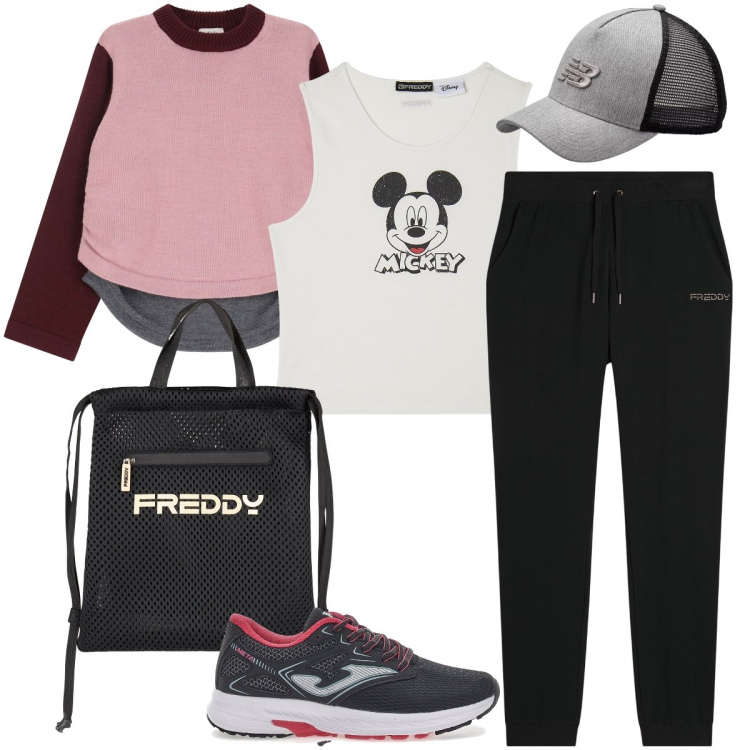 Outfit donna - Lo zaino retato. Stile Sporty chic per Sport. Abbinamento con cappelli con visiera, zaini, canottiere, pantaloni, pullovers, sneakers.