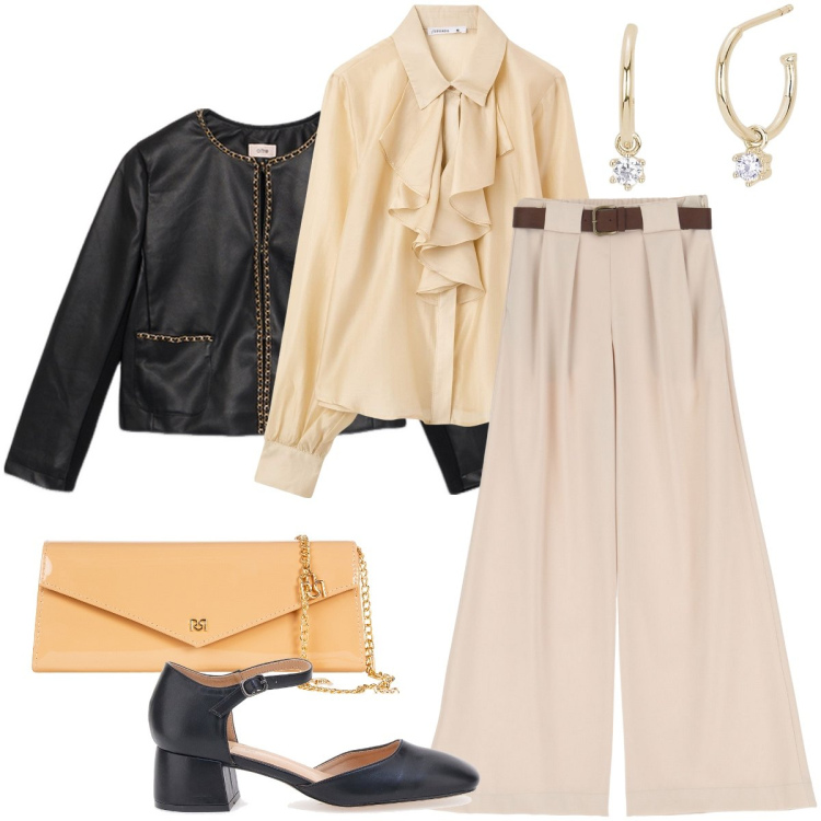 Outfit donna - La camicia vintage. Stile Vintage retrò per Serata fuori. Abbinamento con camicie, orecchini, pochette, pantaloni a palazzo, décolleté, blazer.