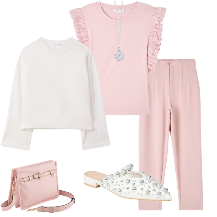 Outfit donna - Rosa pastello. Stile Casual chic per Ufficio. Abbinamento con pantaloni chino, t-shirt, ballerine, felpe, collane, borse a tracolla.