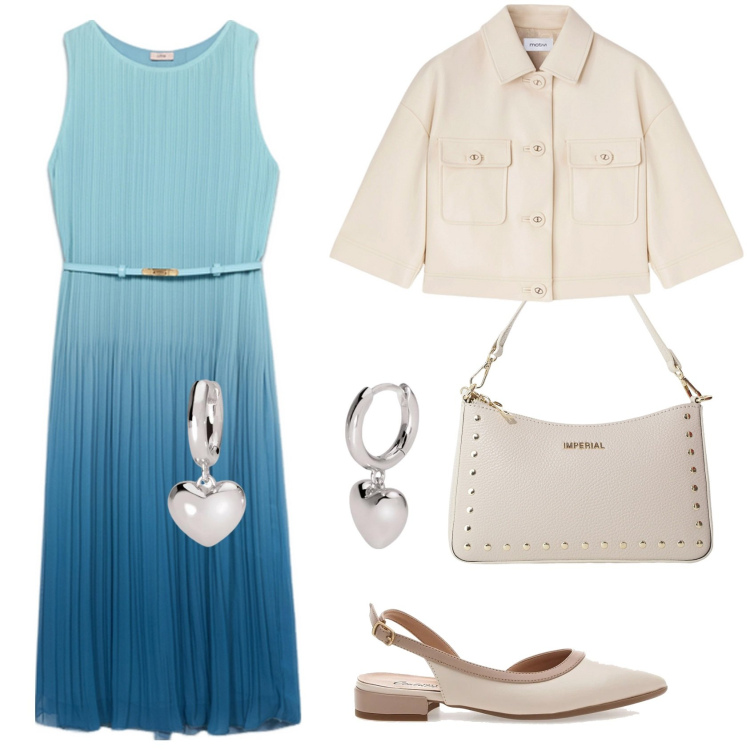 Outfit donna - Aperitivo con le amiche. Stile Bon Ton per Serata fuori. Abbinamento con orecchini, borse a spalla, ballerine, vestiti midi/longuette, blazer.