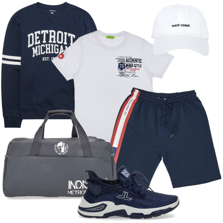 Outfit uomo - All’allenamento. Stile Casual per Sport. Abbinamento con cappelli, felpe, borse sportive, t-shirt, sneakers, pantaloni corti.