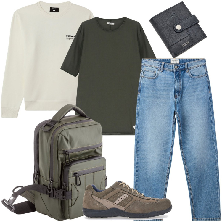 Outfit uomo - Verde militare. Stile Urban per Tutti i giorni. Abbinamento con jeans, felpe, t-shirt, scarpe stringate, portafogli, borse sportive.