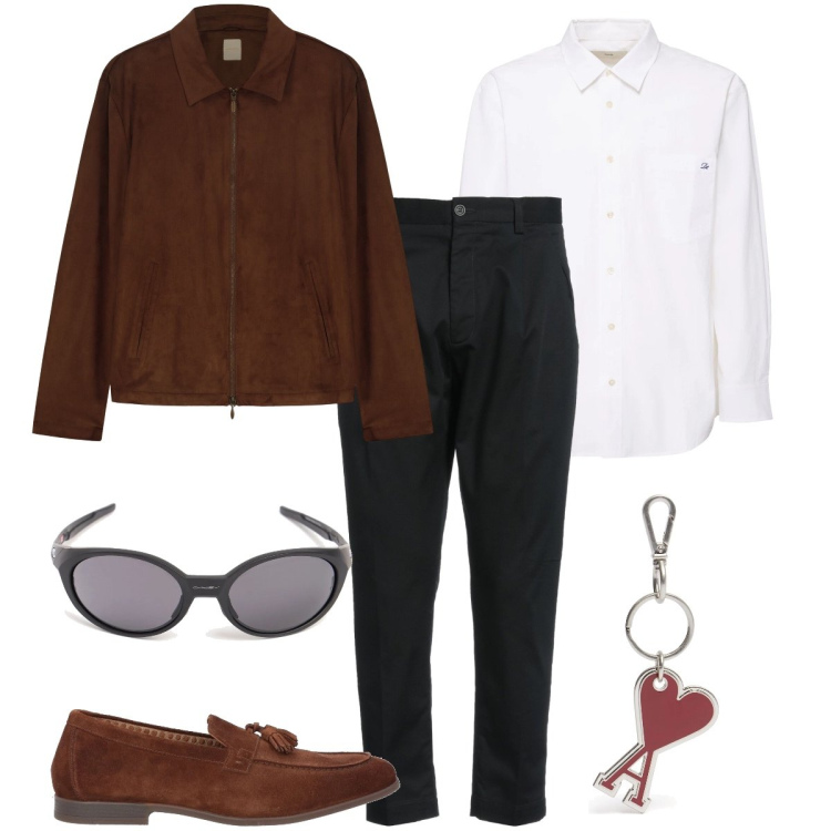 Outfit uomo - Giubbotto e mocassini scamosciati. Stile Business/Elegante per Ufficio. Abbinamento con scarpe stringate, pantaloni, giacche, camicie, portachiavi, occhiali da sole.