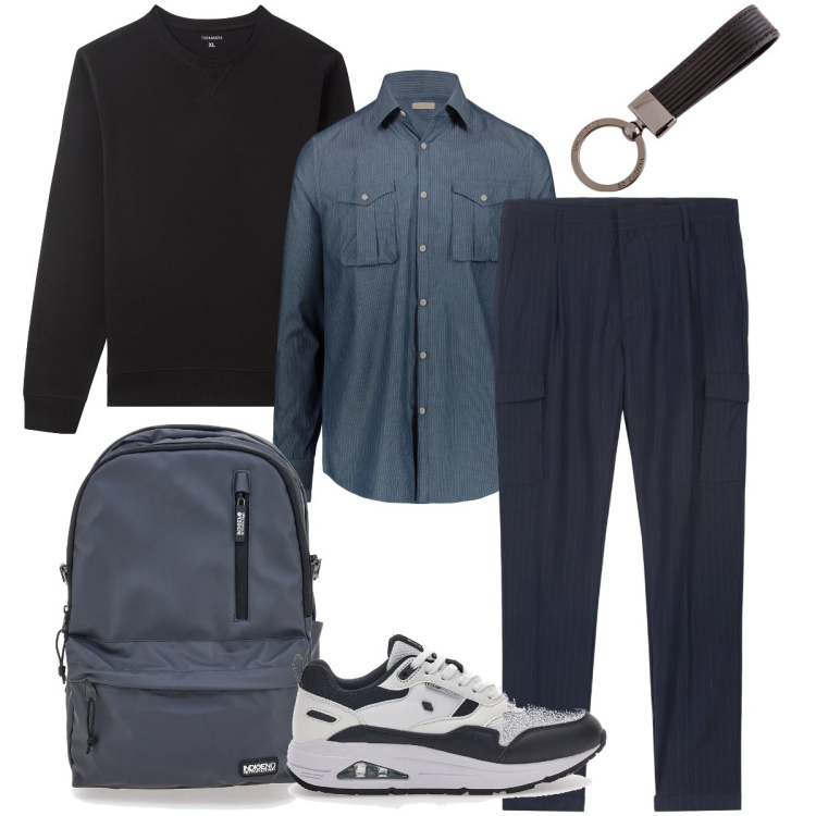 Outfit uomo - Camicia e pantaloni a righe. Stile Urban per Ufficio. Abbinamento con felpe, pantaloni cargo, camicie, sneakers, borse sportive, portachiavi.
