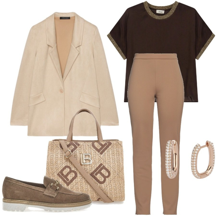 Outfit donna - Colori soft per l\' ufficio. Stile Casual chic per Ufficio. Abbinamento con pantaloni, orecchini, t-shirt, mocassini, blazer, borse a tracolla.