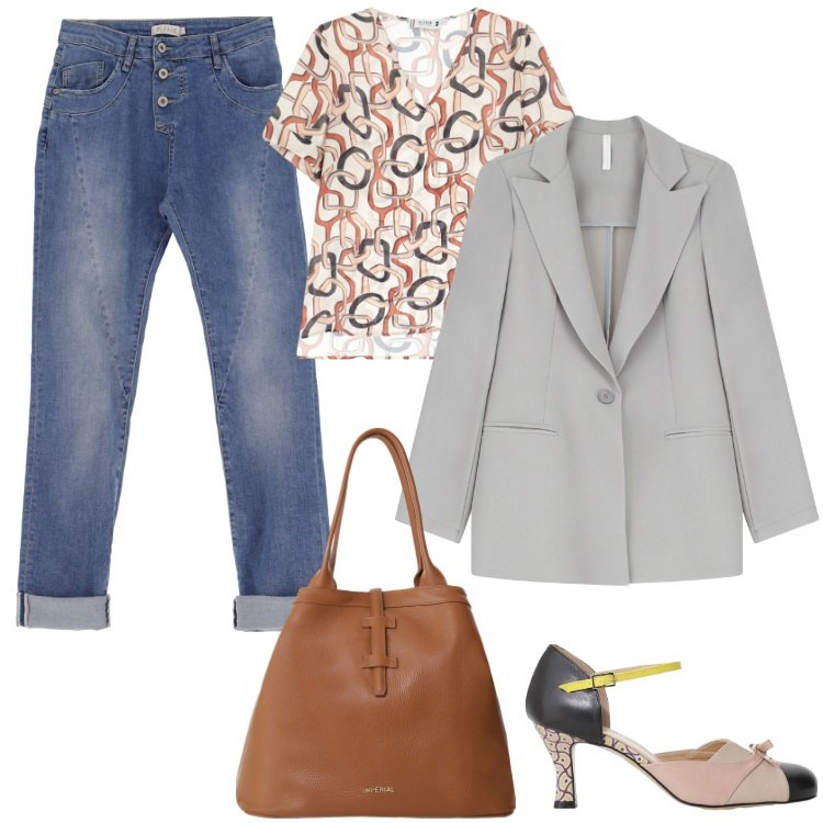 Outfit donna - Casual retrò. Stile Vintage retrò per Tutti i giorni. Abbinamento con blazer, borse tote, jeans slim fit, t-shirt, décolleté.