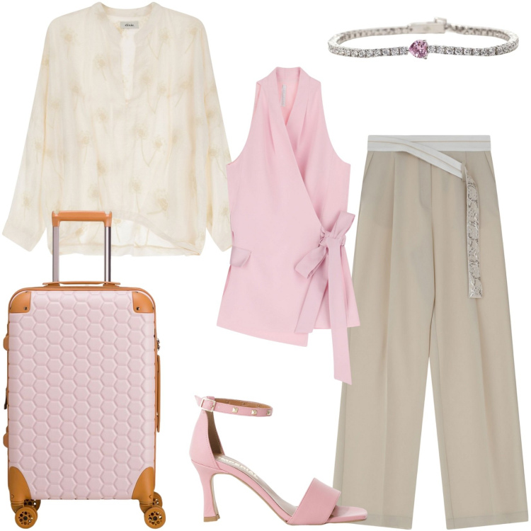 Outfit donna - Un viaggio in rosa pastello. Stile Casual chic per Tutti i giorni. Abbinamento con braccialetti, gilet, pantaloni, sandali col tacco, camicie, valigie.