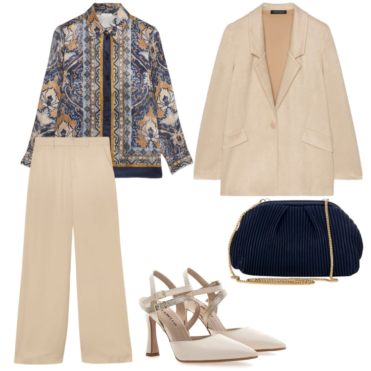 Outfit donna - Total look panna. Stile Chic per Serata fuori. Abbinamento con pochette, décolleté, blazer, camicie, pantaloni a palazzo.