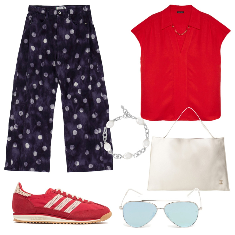 Outfit donna - Creatività sempre. Stile Casual per Tutti i giorni. look ideale per Tall. Abbinamento con braccialetti, pantaloni, borse a spalla, bluse, occhiali da sole, sneakers.