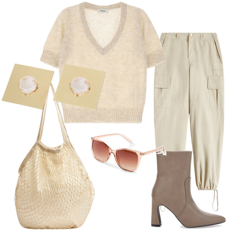 Outfit donna - Total look. Stile Urban per Tutti i giorni. Abbinamento con occhiali da sole, borse a tracolla, pantaloni cargo, orecchini, maglieria, stivaletti.