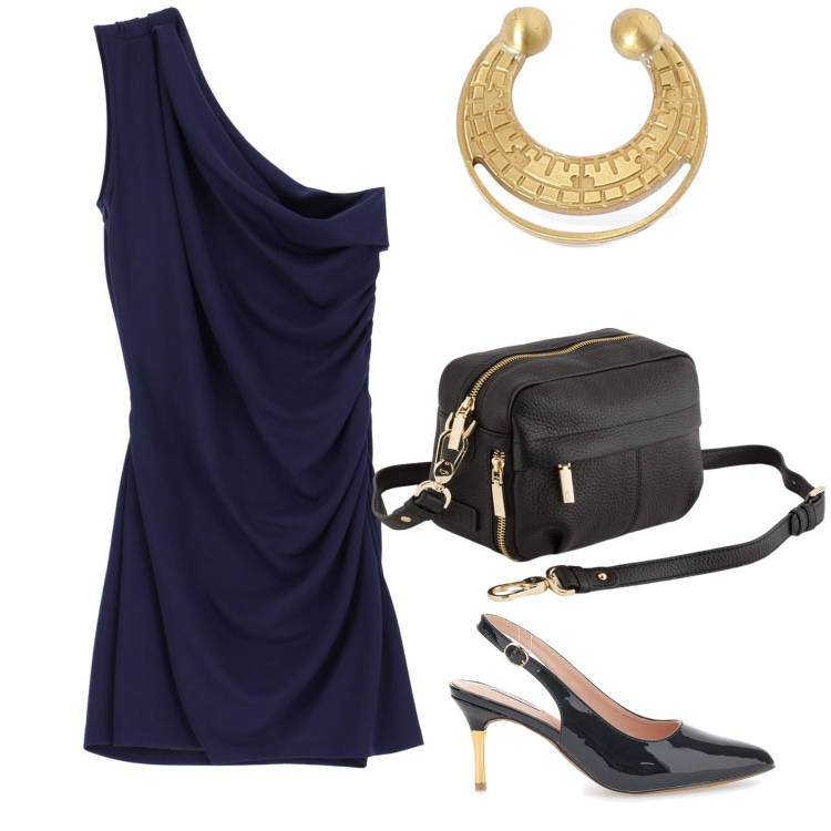 Outfit donna - Serata mono spalla. Stile Glamour per Serata fuori. Abbinamento con vestiti corti, décolleté, orecchini, borse a tracolla.