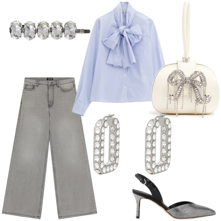 Outfit donna - Fiocchi e strass. Stile Glamour per Serata fuori. Abbinamento con orecchini, décolleté, camicie, jeans, pochette, accessori per capelli.