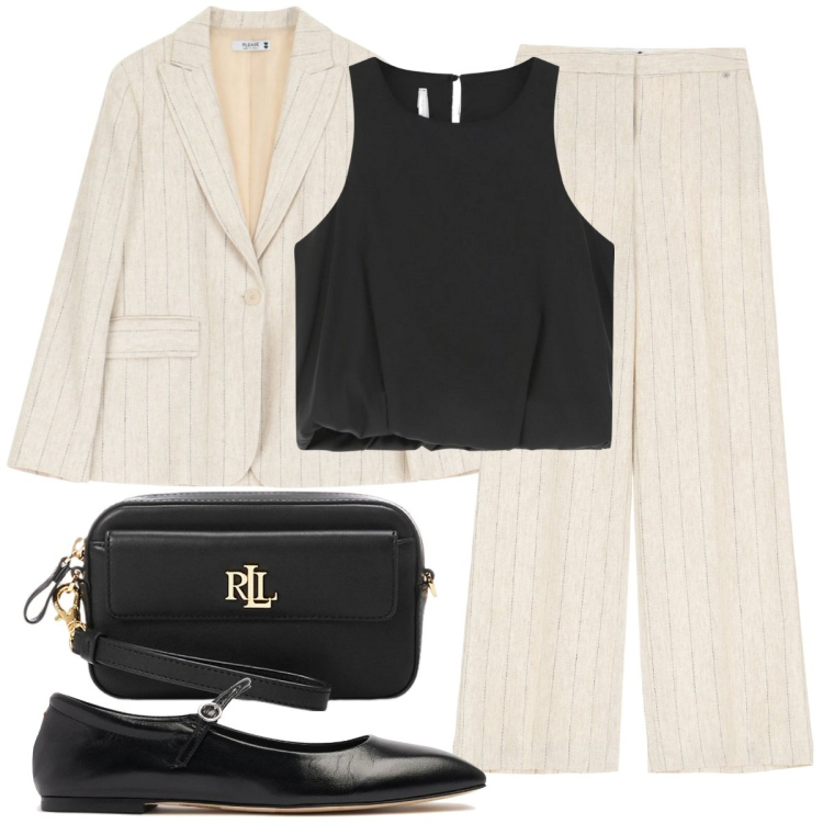 Outfit donna - Mary Jane nere. Stile Casual chic per Ufficio. Abbinamento con pantaloni a palazzo, blazer, top, pochette, ballerine.