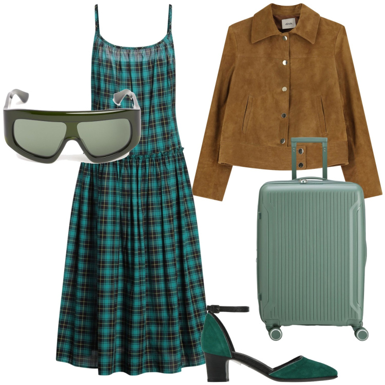 Outfit donna - Vacanza di primavera. Stile Glamour per Tutti i giorni. Abbinamento con décolleté, vestiti lunghi, giacche, occhiali da sole, valigie.