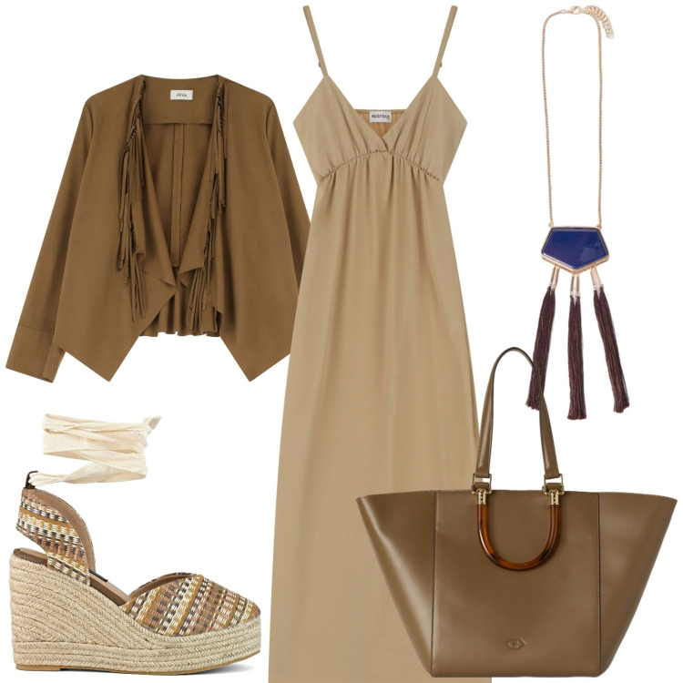 Outfit donna - Anima gipsy. Stile Etnico per Tutti i giorni. Abbinamento con vestiti, blazer, zeppe, shopping bag, ciondoli.