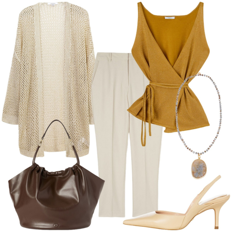 Outfit donna - Total look #2099663. Stile Etnico per Ufficio. Abbinamento con kimono, décolleté, top, pantaloni, ciondoli, borse a secchiello.