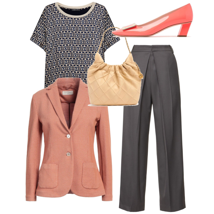 Outfit donna - Pesca e grigio. Stile Chic per Cerimonia. Abbinamento con blazer, t-shirt, borse a spalla, pantaloni, décolleté.