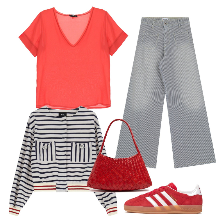 Outfit donna - Le righe in città. Stile Basic per Tutti i giorni. Abbinamento con jeans a zampa, t-shirt, blazer, sneakers, borse a spalla.