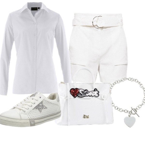 Outfit donna - Chic #17332. Stile Chic per Tutti i giorni. Abbinamento con camicie, borsa a mano maxi con paillettes e zip interno foderato in pelle sintetica tinta unita, pantalone corto bianco, scarpe da ginnastica bianco, bracciale.