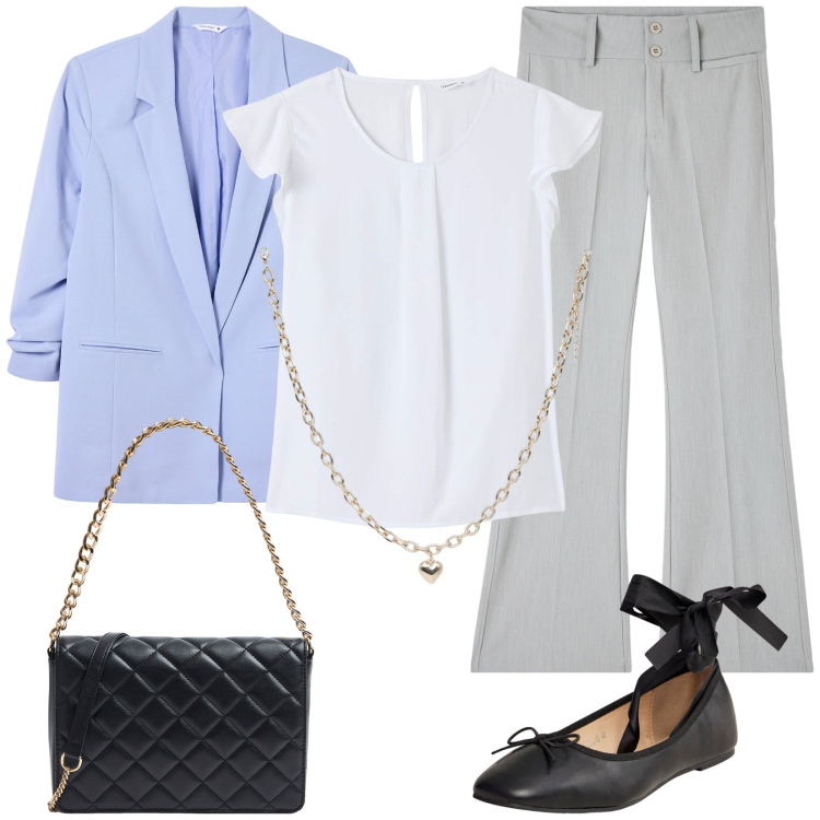 Outfit donna - Easy. Stile Casual per Tutti i giorni. Abbinamento con bluse, collane, pantaloni, ballerine, borse a tracolla, blazer.