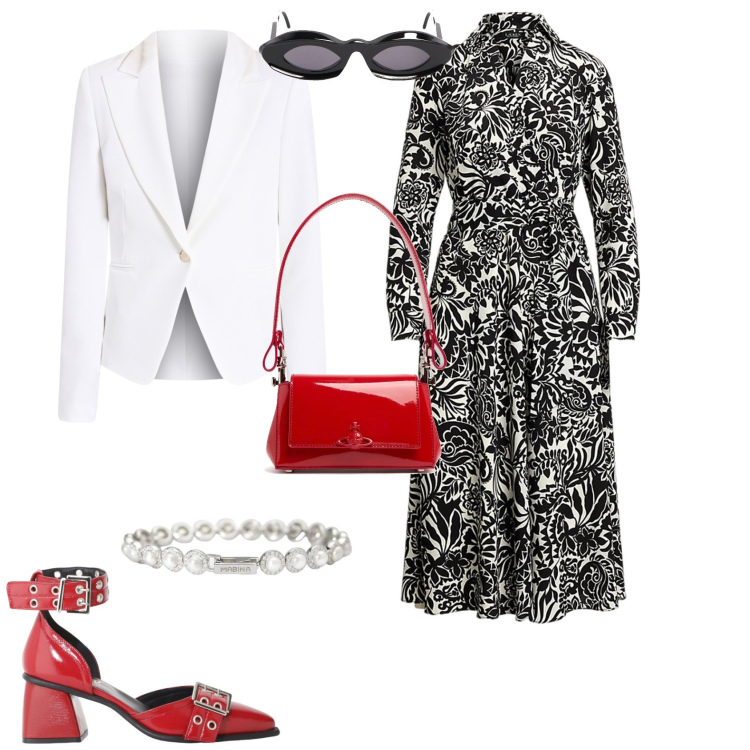 Outfit donna - Total look #2099684. Stile Bon Ton per Tutti i giorni. Abbinamento con braccialetti, blazer, décolleté, vestiti, borse a spalla, occhiali da sole.