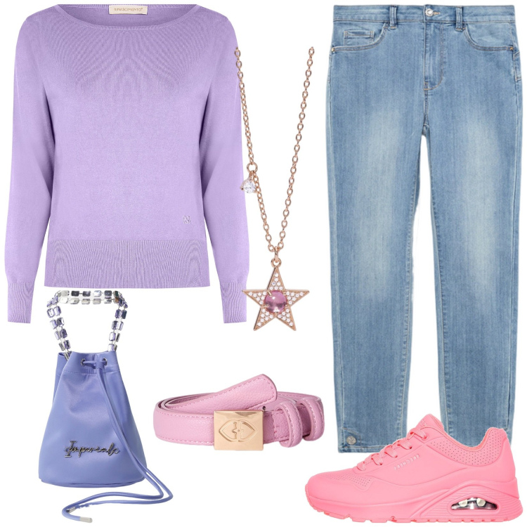 Outfit donna - Basico. Stile Basic per Tutti i giorni. Abbinamento con collane, maglieria, borse a secchiello, sneakers, jeans, cinture.