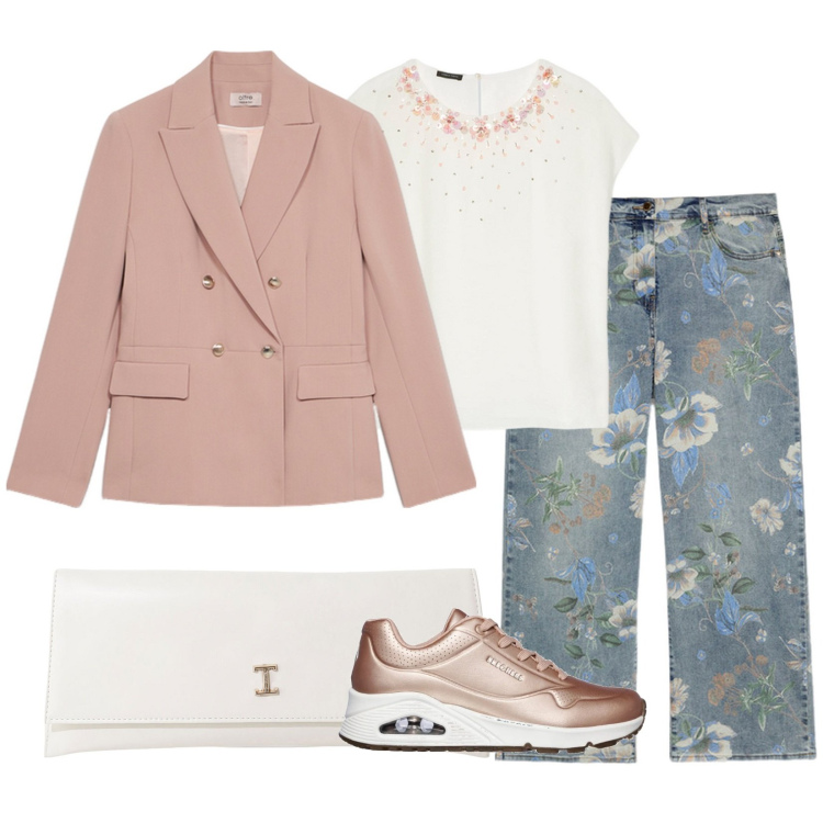 Outfit donna - Giornata di primavera. Stile Romantica per Tutti i giorni. Abbinamento con pochette, bluse, sneakers, jeans dritti, blazer.