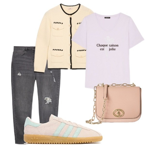 Outfit donna - A spasso per la città. Stile Casual chic per Cerimonia. Abbinamento con t-shirt, jeans strappati, sneakers, borse a tracolla, cardigans.
