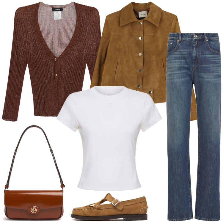 Outfit donna - Basica ma elegante. Stile Casual chic per Tutti i giorni. Abbinamento con giacche, cardigans, borse a spalla, jeans dritti, t-shirt, mocassini.