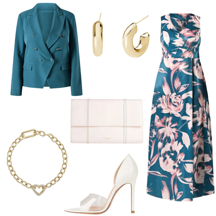 Outfit donna - L\'abito lungo per una cerimonia. Stile Chic per Cerimonia. Abbinamento con borse a mano, décolleté, orecchini, braccialetti, vestiti lunghi, blazer.