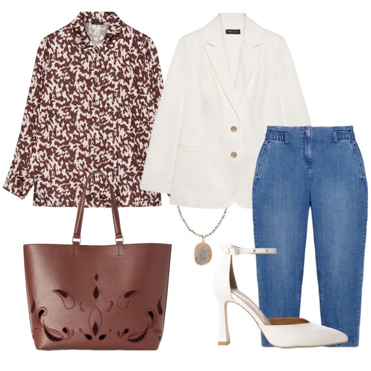 Outfit donna - Intagli. Stile Casual chic per Ufficio. Abbinamento con décolleté, camicie, blazer, jeans, shopping bag, ciondoli.