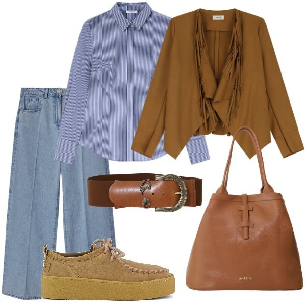 Outfit donna - A spasso per la città. Stile Glamour per Tutti i giorni. Abbinamento con borse tote, cinture, blazer, mocassini, jeans, camicie.