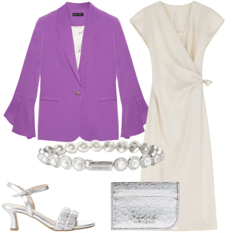 Outfit donna - Viola. Stile Chic per Serata fuori. Abbinamento con braccialetti, vestiti midi/longuette, sandali col tacco, blazer, portafogli.