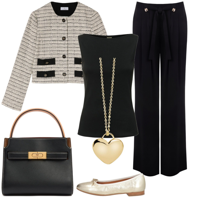 Outfit donna - Look da ufficio. Stile Casual chic per Ufficio. Abbinamento con ballerine, collane, pantaloni, borse a mano, canottiere, blazer.