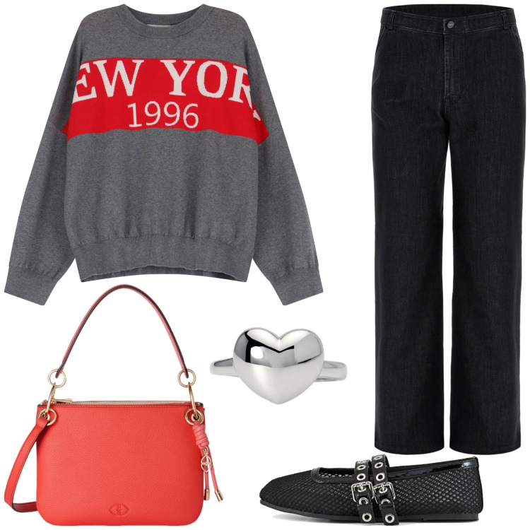 Outfit donna - Felpa e jeans. Stile Basic per Tutti i giorni. Abbinamento con anelli, jeans, maglieria, ballerine, borse a tracolla.