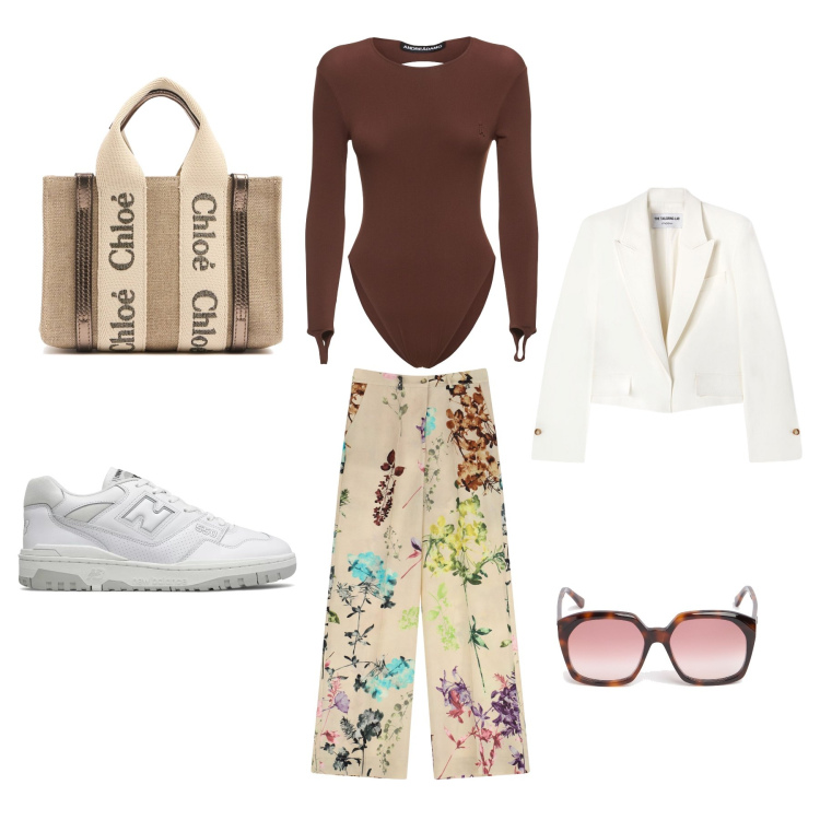 Outfit donna - Aperitivo in Brera. Stile Casual chic per Serata fuori. Abbinamento con sneakers, pantaloni a palazzo, blazer, borse a mano, occhiali da sole, body.