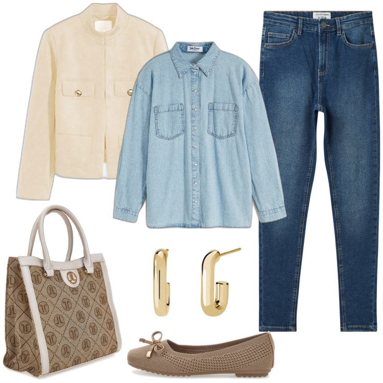 Outfit donna - Tre pezzi top. Stile Casual chic per Tutti i giorni. Abbinamento con blazer, camicie, jeans skinny, orecchini, ballerine, borse a spalla.