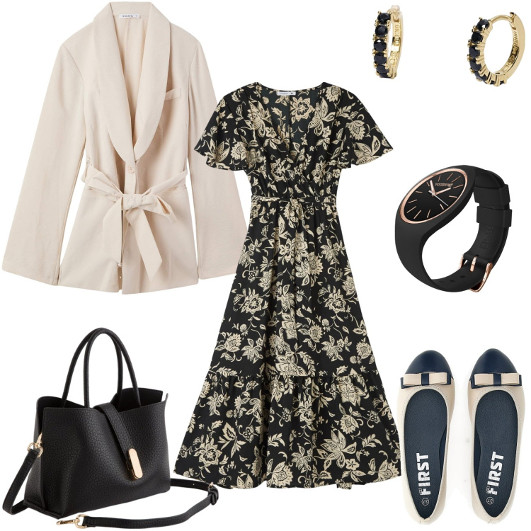 Outfit donna - Stampa floreale sull\'abito. Stile Romantica per Tutti i giorni. Abbinamento con blazer, vestiti lunghi, orecchini, orologi, ballerine, borse a mano.