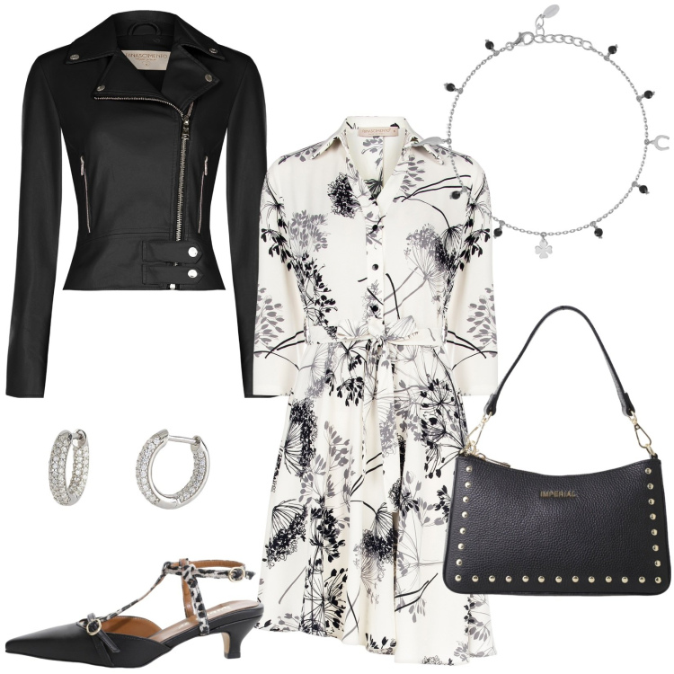 Outfit donna - Stampe floreali sull\'abito. Stile Romantica per Serata fuori. Abbinamento con décolleté, borse a spalla, orecchini, braccialetti con ciondoli, vestiti chemisier, giacche.