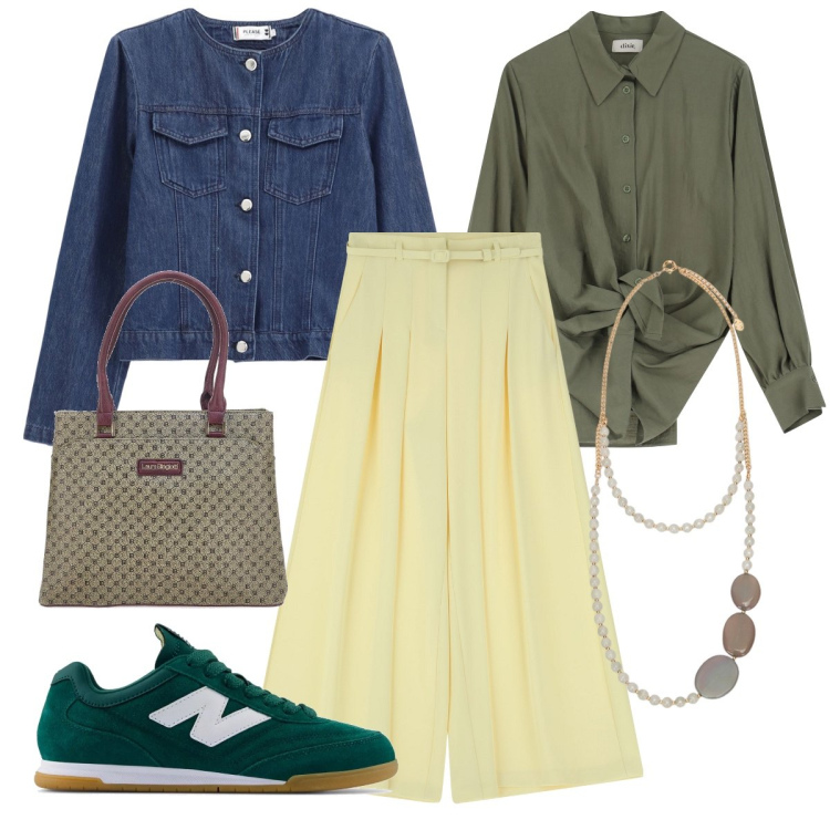 Outfit donna - Total look #2099755. Stile Casual chic per Tutti i giorni. Abbinamento con sneakers, blazer, pantaloni, camicie, borse a spalla, collane.